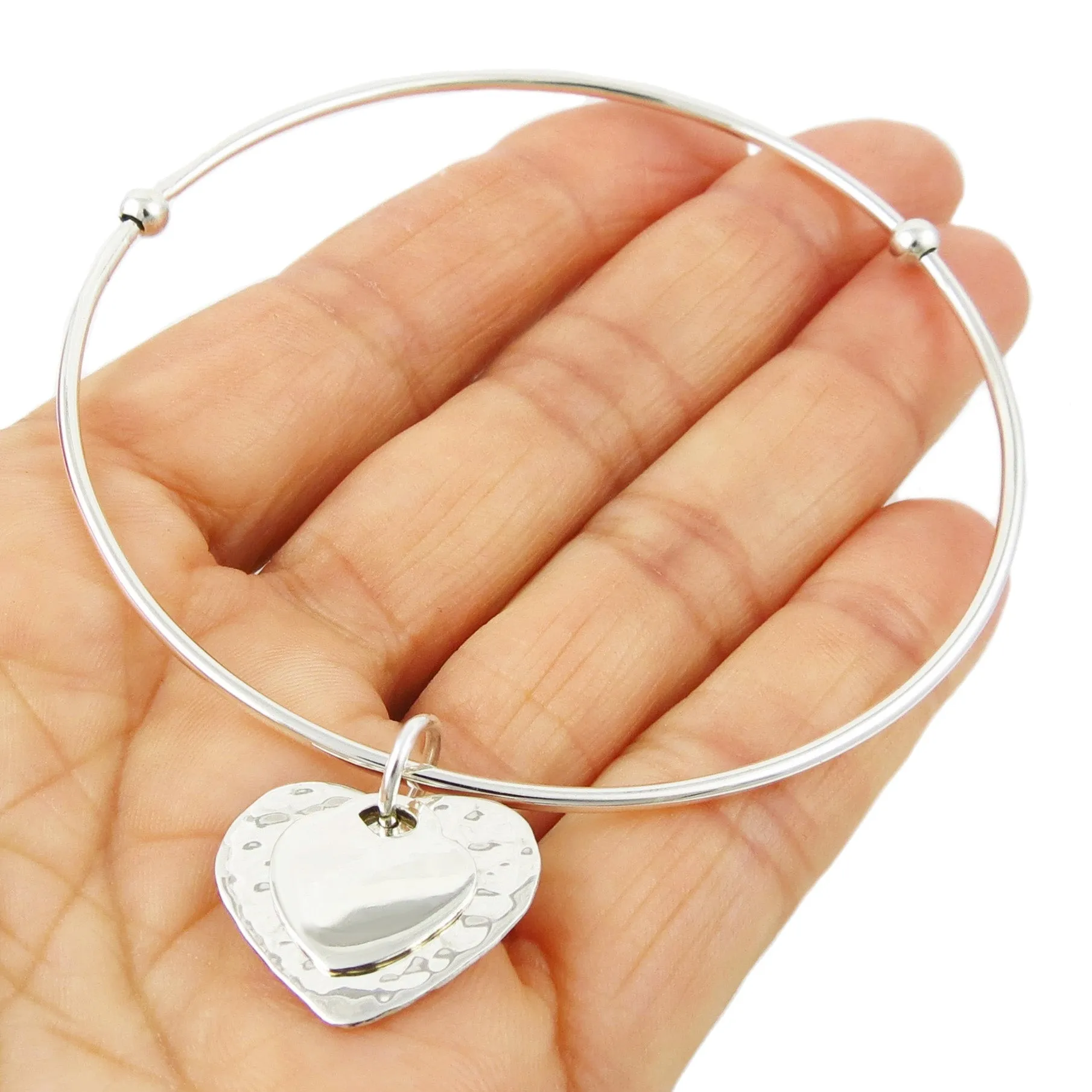 Womens Sterling Silver Bangle with Heart Charms