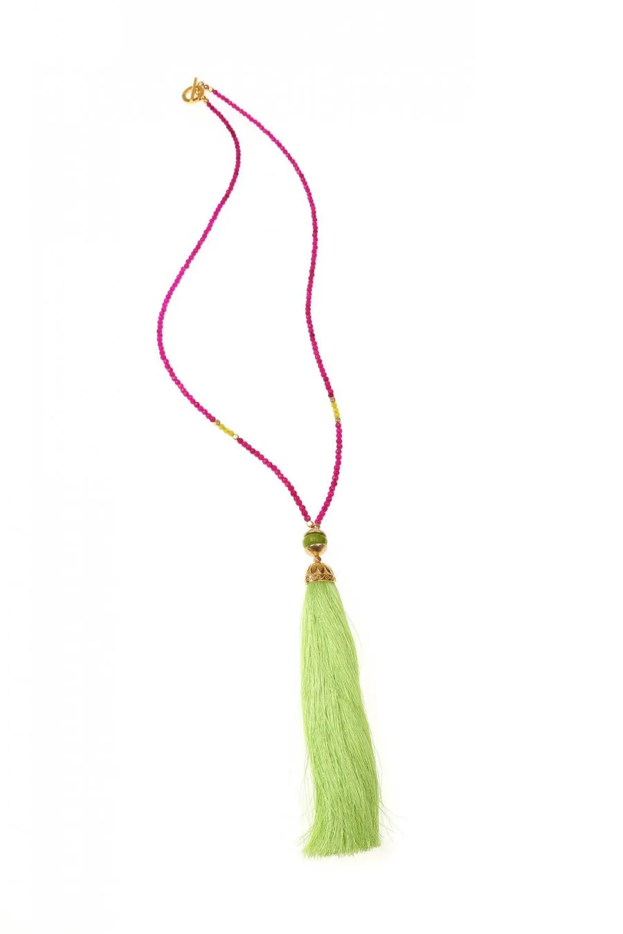 Yellow/Fuchsia Rainbow Long Tassel Necklace